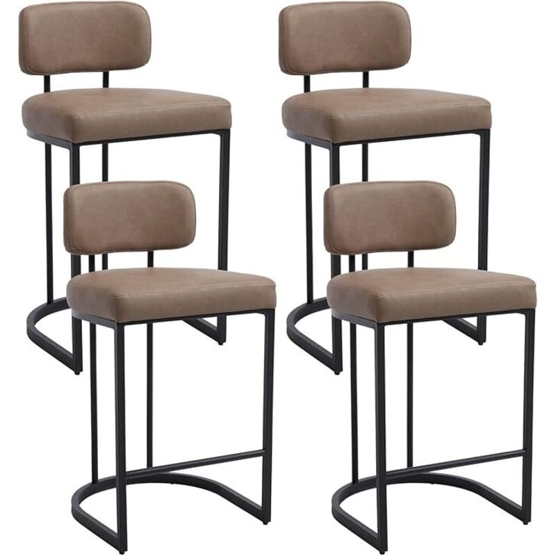 Bar Stools 4Pcs in PU Leather Modern Industrial Counter Chairs with Metal Frame for Home Bar Pub Restaurant, Khaki, Wahson