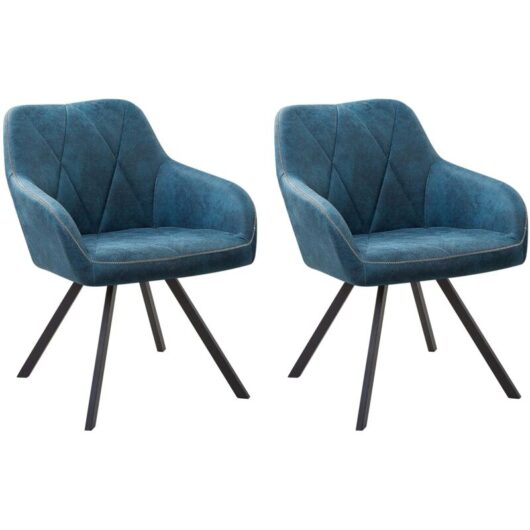 Beliani - Modern Fabric Dining Chairs Set of 2 Padded Seat Black Metal Legs Blue Monee