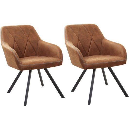 Beliani - Modern Fabric Dining Chairs Set of 2 Padded Seat Black Metal Legs Brown Monee