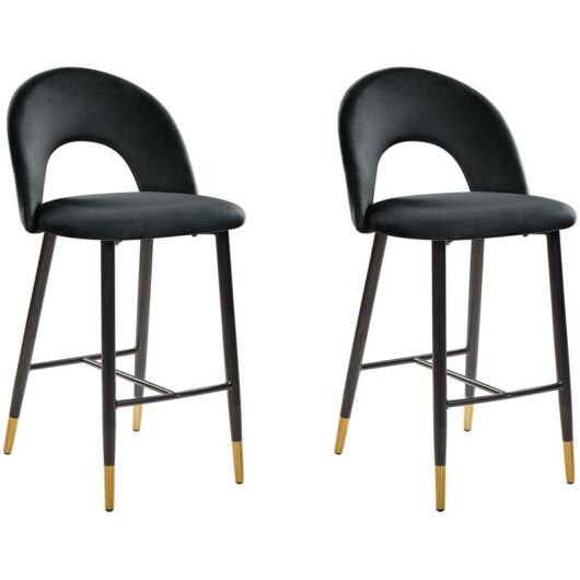 Beliani - Retro Set of 2 Black Velvet Bar Chairs Black Steel Legs Golden Details Falton