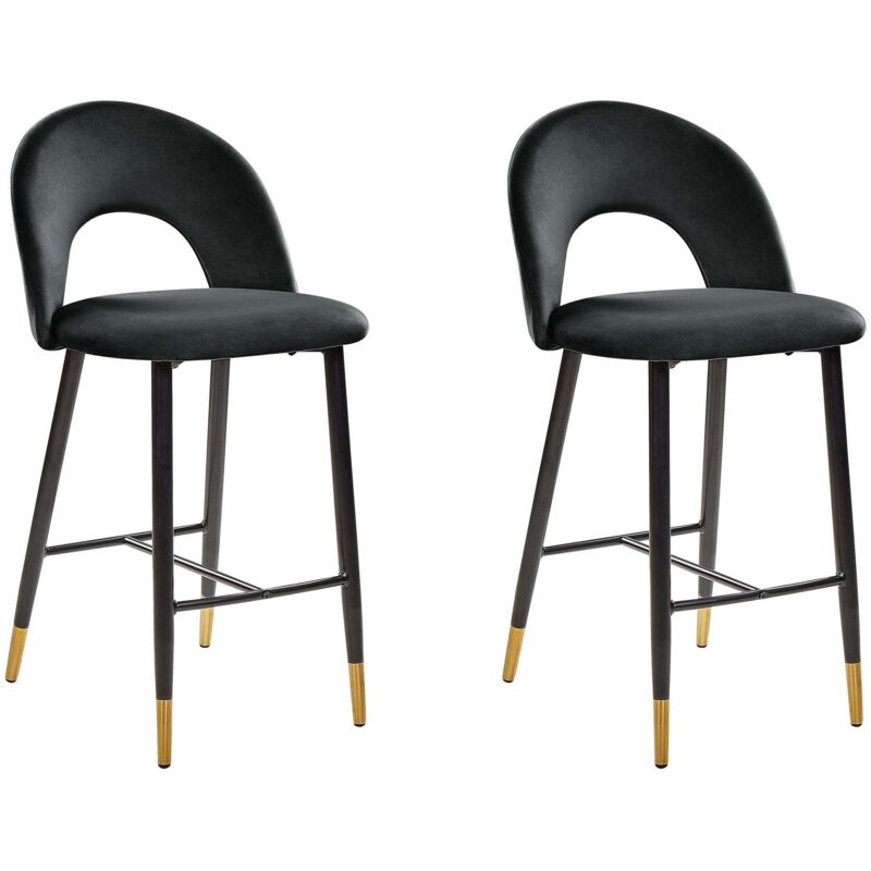 Beliani - Retro Set of 2 Black Velvet Bar Chairs Black Steel Legs Golden Details Falton