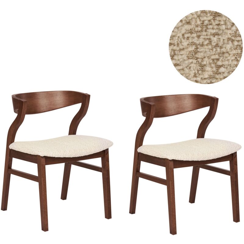 Beliani - Retro Style Set of 2 Dining Chairs Upholstered Seat Boucle Dark Wood and Beige Maroa