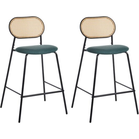Beliani - Set of 2 Bar Chairs Counter Stools Metal Frame Rattan Upholstered Backrest Black Adaver