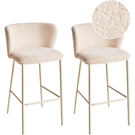 Beliani - Set of 2 Bar Chairs Stools Boucle Upholstered Seat Armless Curved Back Black Legs Light Beige Mina ii