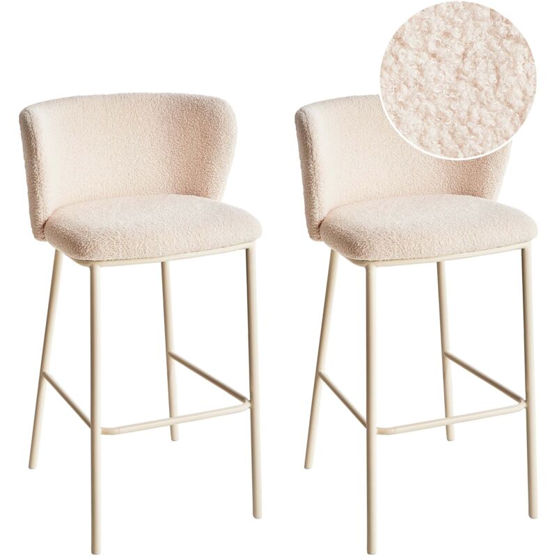 Beliani - Set of 2 Bar Chairs Stools Boucle Upholstered Seat Armless Curved Back Black Legs Light Beige Mina ii