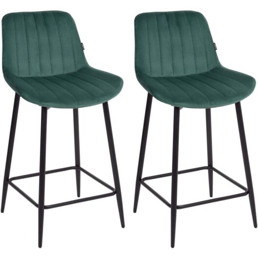 Beliani - Set of 2 Bar Chairs Velvet Black Steel Legs Footrest Armless Dining Room Seating Emerald Green Dubrovnik