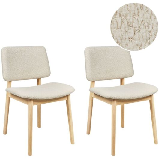 Beliani - Set of 2 Dining Chairs Off-White Boucle Polyester Seat Light Wood Frame Blane