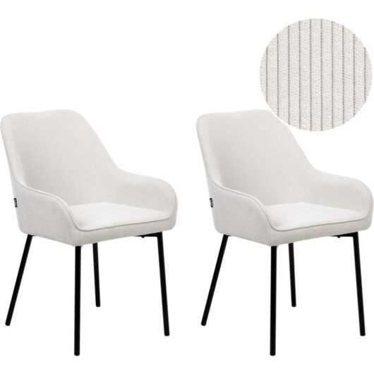 Beliani - Set of 2 Dining Chairs Off-White Corduroy Fabric Black Metal Legs Loverna