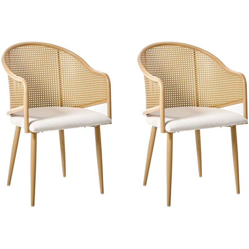 Beliani - Set of 2 Dining Chairs Polyester Upholstered Seat Iron Black Legs and Frame Rounded Backrest Retro Style Dining Room Furniture Light Brown