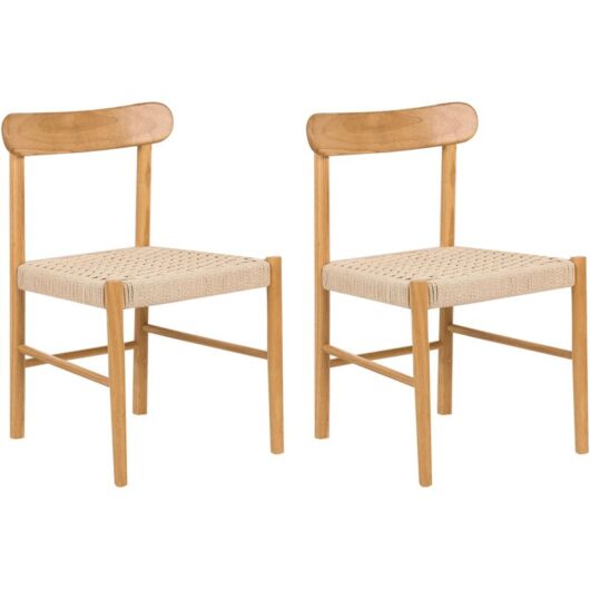 Beliani - Set of 2 Dining Chairs Rubber Wood Frames Paper Cord Seats Armless Retro Style Dining Room Brown and Beige Eagan