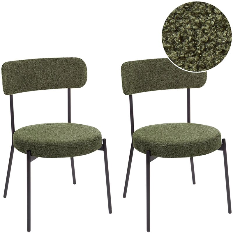 Beliani - Set of 2 Dining Room Chairs Boucle Steel Black Legs Armless Dining Room Seating Dark Green Allison