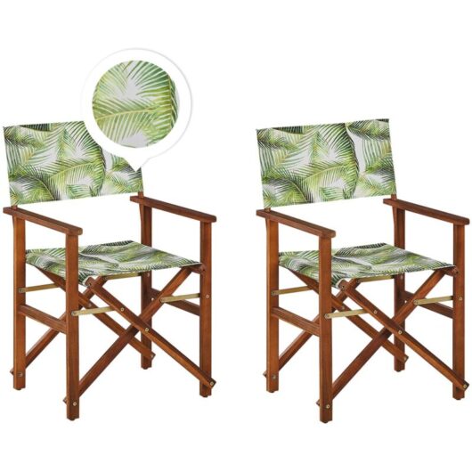 Beliani - Set of 2 Garden Chairs Dark Acacia Wood Off-White Tropical Pattern Folding Cine