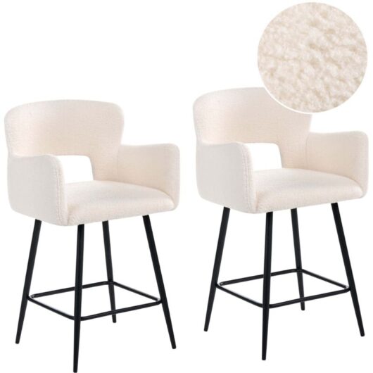Beliani - Set of 2 Modern Bar Chairs Boucle Seat with Armrests Tufted Back Off-White Sanilac