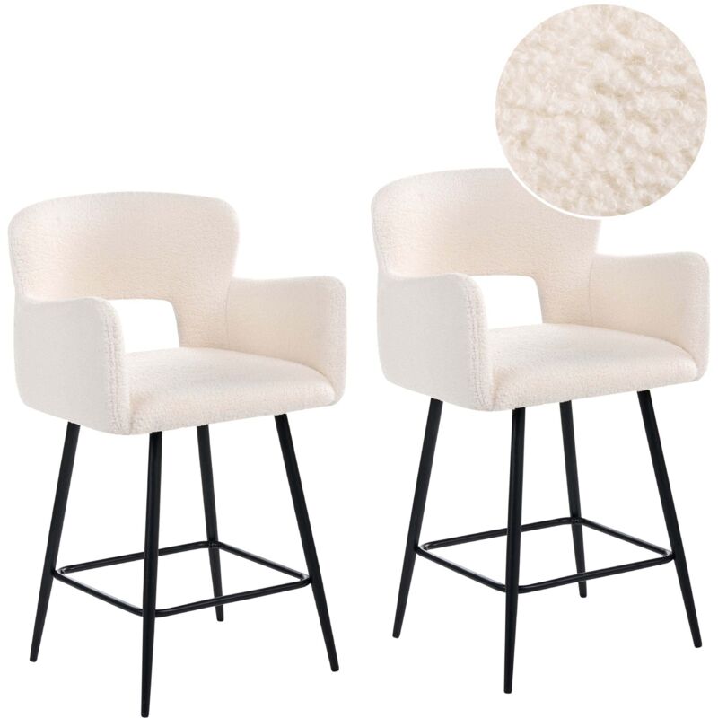 Beliani - Set of 2 Modern Bar Chairs Boucle Seat with Armrests Tufted Back Off-White Sanilac