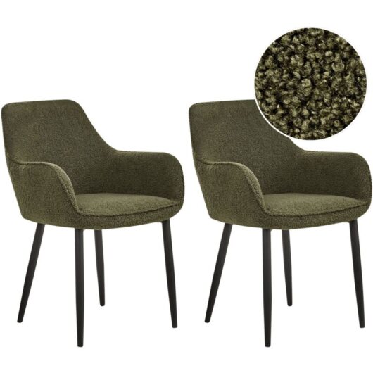 Beliani - Set of 2 Modern Dining Chairs Boucle Fabric Upholstery with Armrests Seat Living Room Dining Dark Green Alden