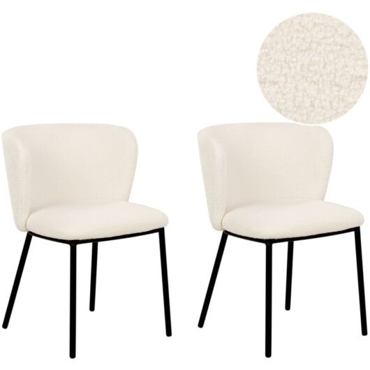 Beliani - Set of 2 Modern Dining Chairs Boucle Upholstered Seat Armless Curved Back Black Legs Off-White Mina