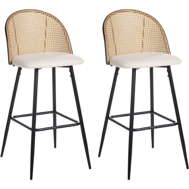 Beliani - Set of 2 Retro Bar Chairs Beige Fabric Seat Metal Construction Black Viennese Braid Backrest Cornell