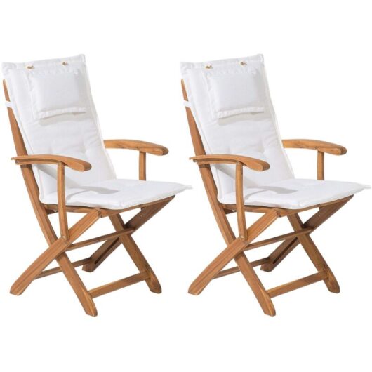 Beliani - Set of 2 Wooden Garden Folding Chairs Outdoor Dining Off-White Cushion Maui