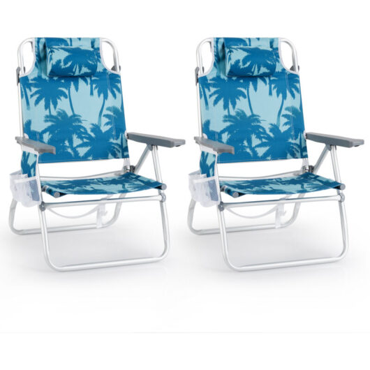 COSTWAY 2-Pack Beach Chairs 5-Position Adjustable Folding Camping Chairs-Blue
