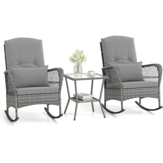 COSTWAY 3-Piece Outdoor Rocking Chair Set Hand-Woven PE Rattan Chairs-Grey