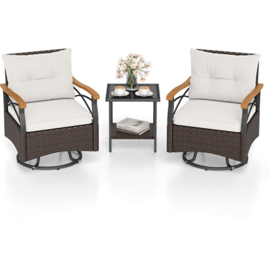 COSTWAY 3 Piece Outdoor Swivel Chair Set Patio Wicker Rotating Chairs