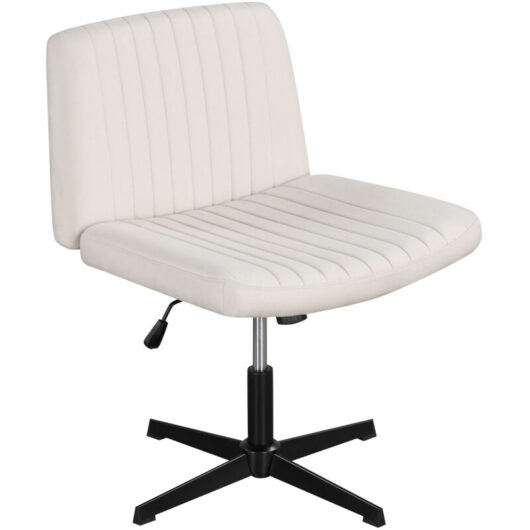 COSTWAY Cross Legged Desk Chair Armless Office Chair No Wheels Height Adjustable Swivel Wide Seat Beige