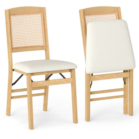 COSTWAY Folding Dining Chairs Set of 2 Rubber Wood with Linen Padded Seat Rattan Backrest Indoor Use, Brown