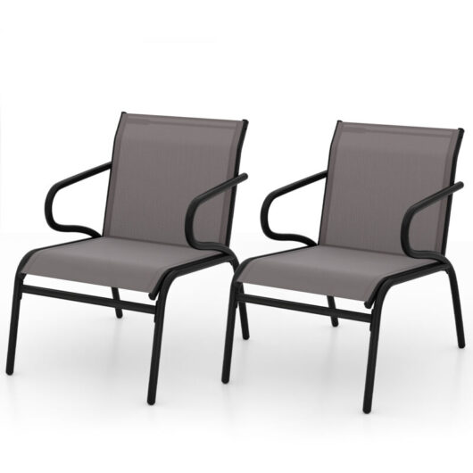 COSTWAY Garden Chairs Set of 2 Outdoor Dining Chairs with Armrests-Grey