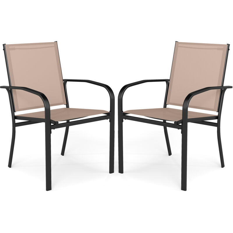 COSTWAY Garden Chairs Set of 2 Stackable Outdoor Dining Chairs w/Armrests-Brown
