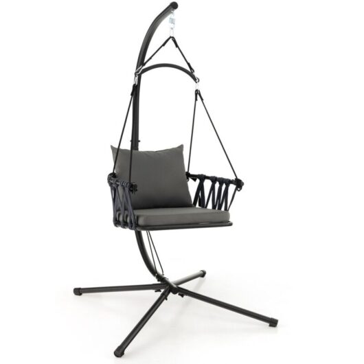 COSTWAY Hanging Swing Chair W/ Stand Indoor Outdoor Hammock Chair Cozy Seat Back Cushio