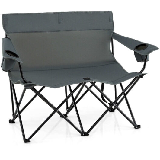 COSTWAY Oversized Double Camping Chair 2-Person Heavy Duty Lawn Chair-Grey