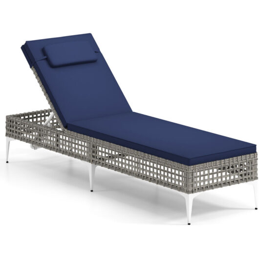 COSTWAY Rattan Sun Lounger 6-Level Adjustable Garden Chaise Lounge Chair-Navy