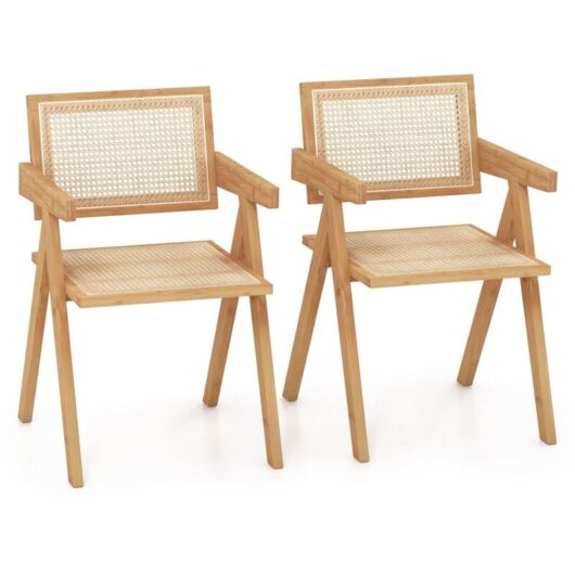COSTWAY Set of 2 Kitchen Dining Chair Set Modern Rattan Accent Chair Backrest Side Chair