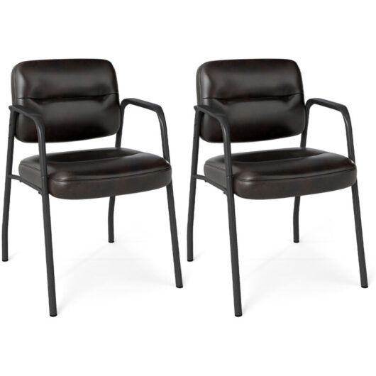 COSTWAY Waiting Room Chair No Wheels Set of 2 with Integrated Armrests-Brown