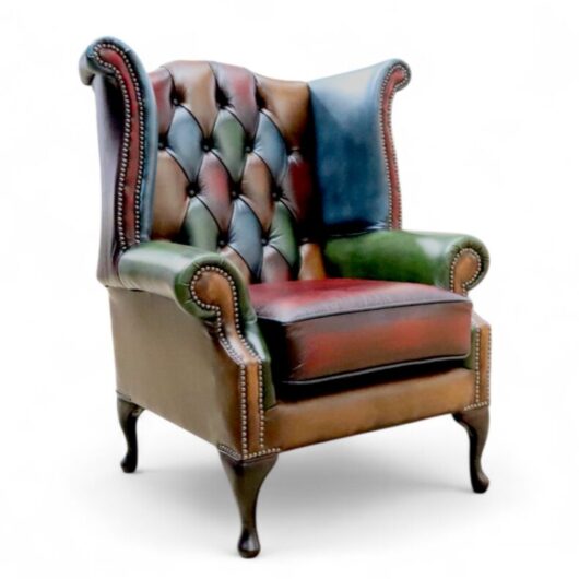 Chesterfield Patchwork Queen Anne Wing Chair Antique Real Leather