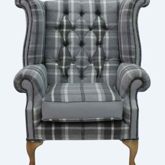 Chesterfield Queen Anne High Back Wing Chair Balmoral Dove Silver Grey Fabric And Leather