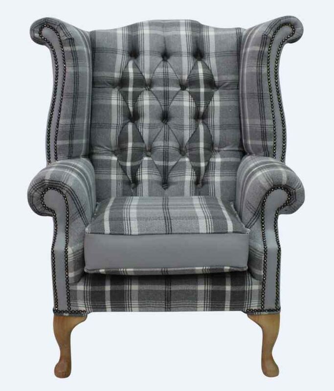 Chesterfield Queen Anne High Back Wing Chair Balmoral Dove Silver Grey Fabric And Leather
