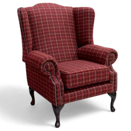 Chesterfield Saxon Mallory Wool Wing Chair Fireside High Back Armchair Balmoral Claret Check Tweed