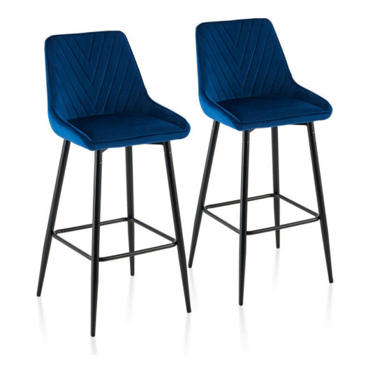 Clipop - Bar Stools,2x Modern Velvet Kitchen Chair, High Breakfast Chairs with Metal Footrests,Blue