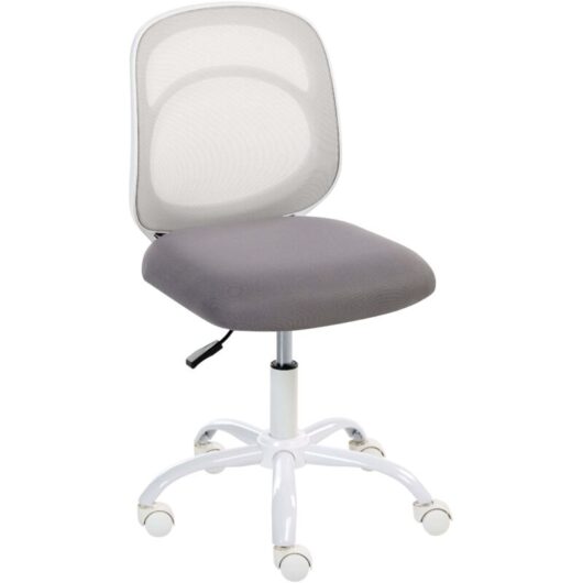 Desk Chair Grey Fabric Upholstery Iron Base Swivel Adjustable Height Armless Home Office Kids Room BLISSFUL