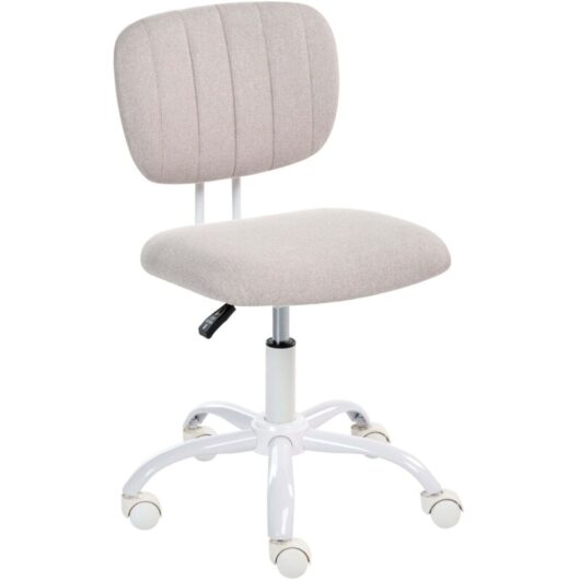 Desk Chair Light Beige Fabric Upholstery Iron Frame Swivel Adjustable Height Armless Home Office Kids Room BUBBLY