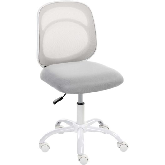Desk Chair Light Grey Fabric Upholstery Iron Base Swivel Adjustable Height Armless Home Office Kids Room BLISSFUL