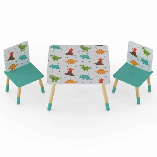 Dickson Wooden Dinosaur Pattern Table And 2 Chairs In Multicolour