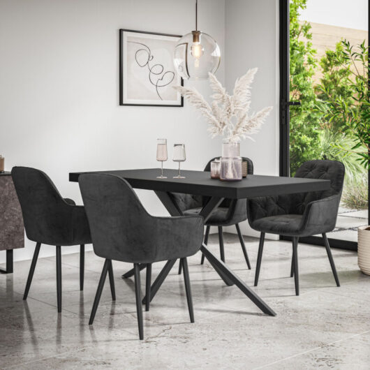 Donni Dining Table And Chairs - Black Table Top w Black Legs + Anika Velvet Dining Chair Set Of 4 (Black)