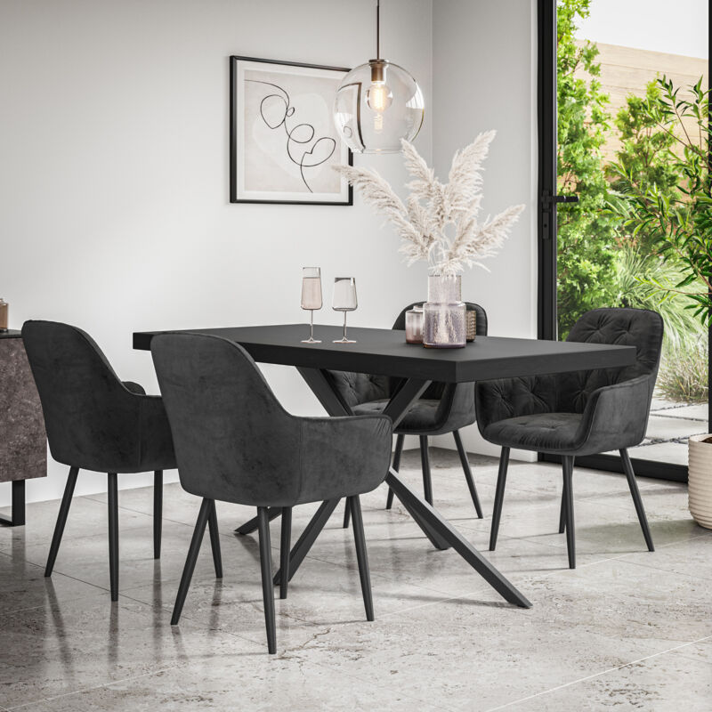 Donni Dining Table And Chairs - Black Table Top w Black Legs + Anika Velvet Dining Chair Set Of 4 (Black)
