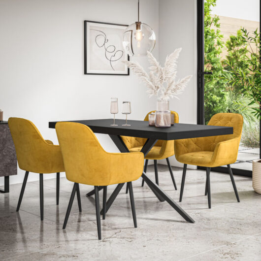 Donni Dining Table And Chairs - Black Table Top w Black Legs + Anika Velvet Dining Chair Set Of 4 (Mustard)