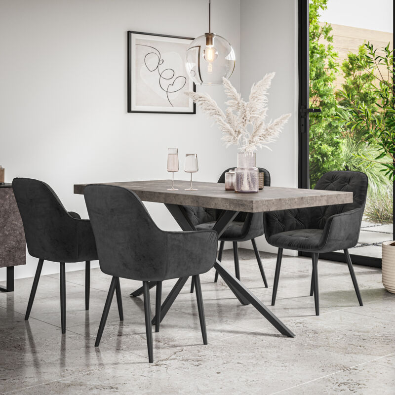 Donni Dining Table And Chairs - Grey Table Top w Black Legs + Anika Velvet Dining Chair Set Of 4 (Black)
