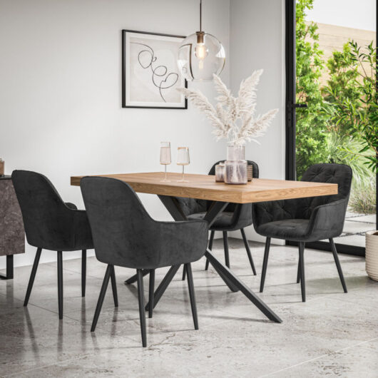 Donni Dining Table And Chairs - Oak Effect Table Top w Black Legs + Anika Velvet Dining Chair Set Of 4 (Black)
