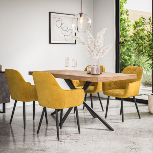 Donni Dining Table And Chairs - Oak Effect Table Top w Black Legs + Anika Velvet Dining Chair Set Of 4 (Mustard)