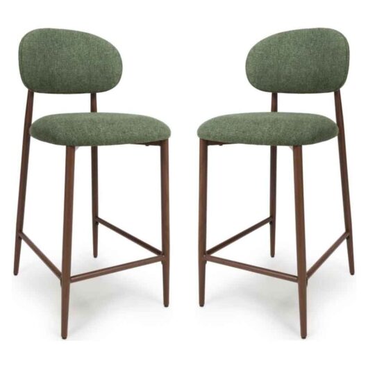 Eldoro Green Fabric Bar Chairs with Brown Legs in Pair